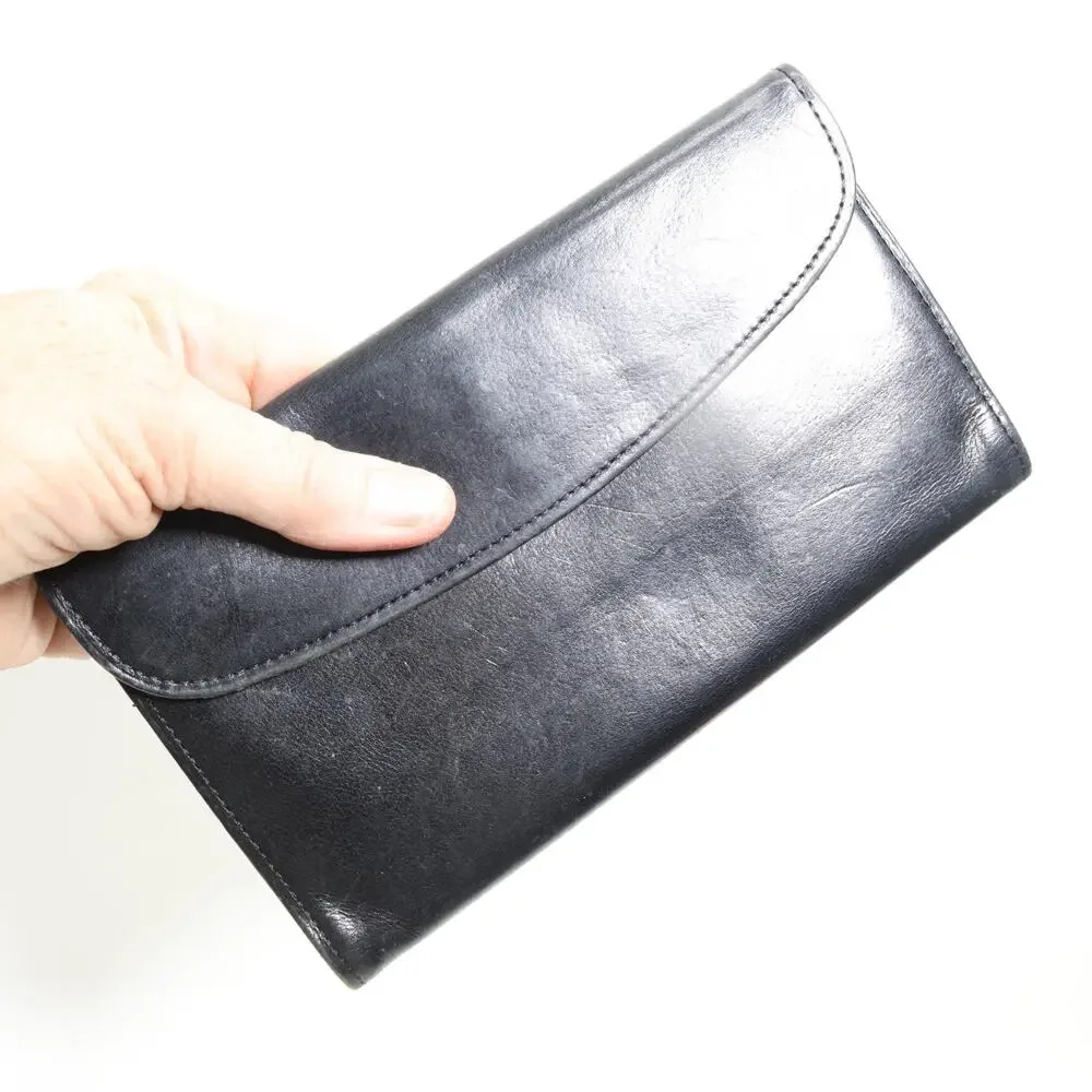 Vintage Coach Clutch Wallet Black Leather Envelope Trifold ID Cards Coin Sleek
